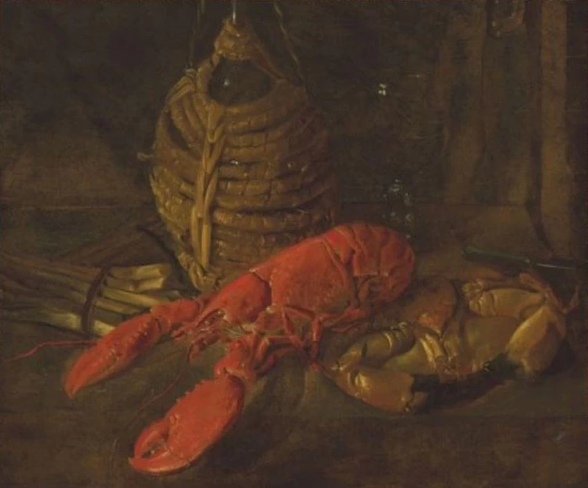Giacomo Ceruti, il Pitocchetto - 163, Natura morta con astice, granchio, asparagi e un fiasco di vino